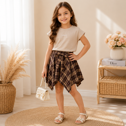 Girls Elegant Plaid Skirt Set | Size 2-10y