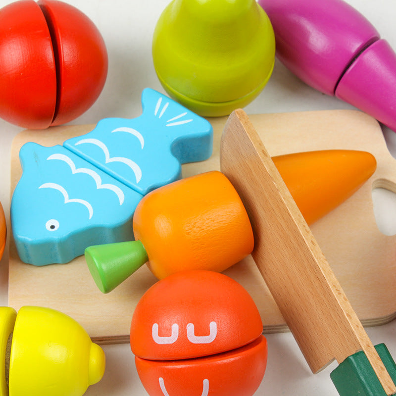 Wooden Fruit & Vegetable Cutting Play Set with Storage Bucket | 2+