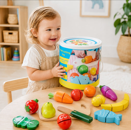 Wooden Fruit & Vegetable Cutting Play Set with Storage Bucket | 2+