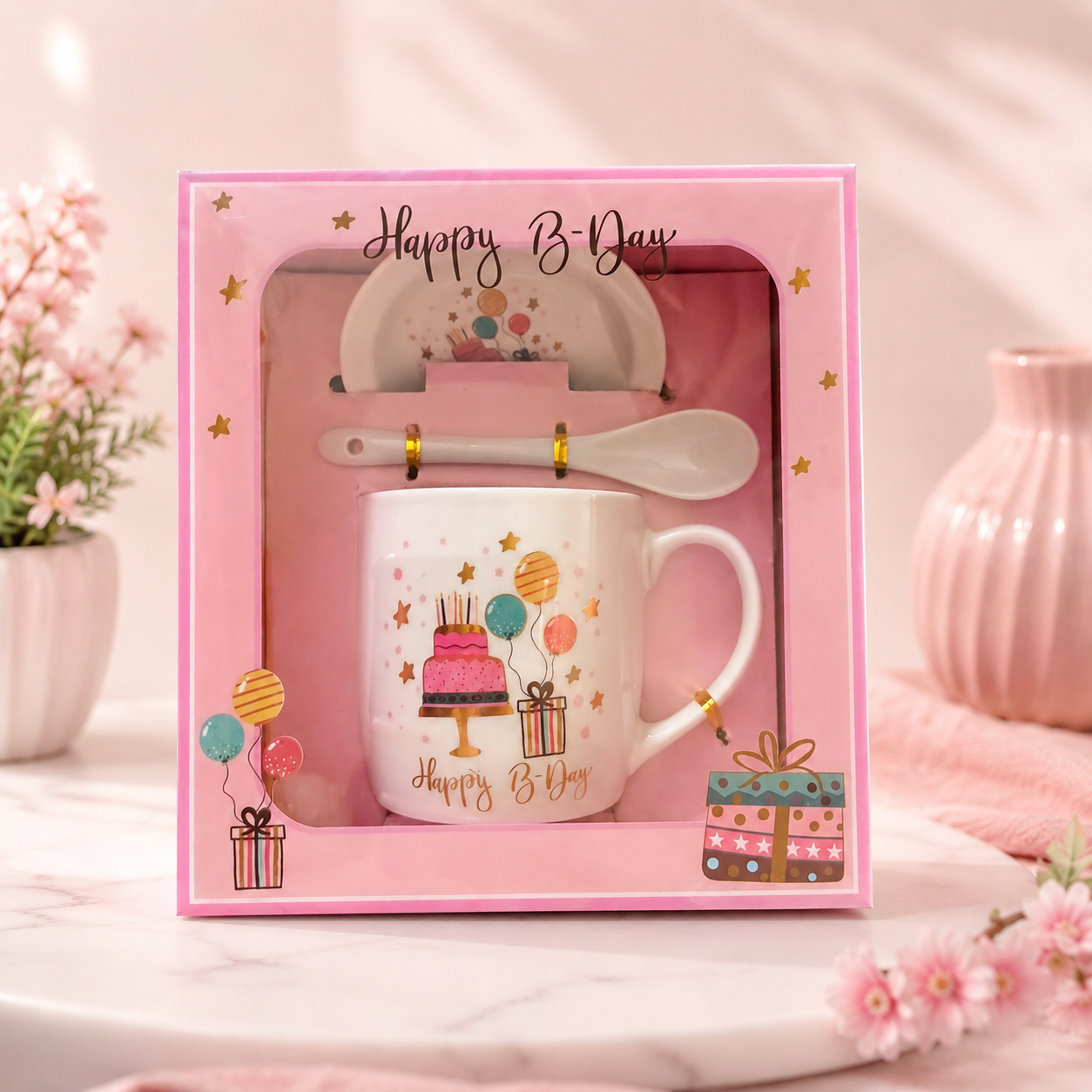 Happy Birthday Ceramic Mug Gift Set with Saucer & Spoon
