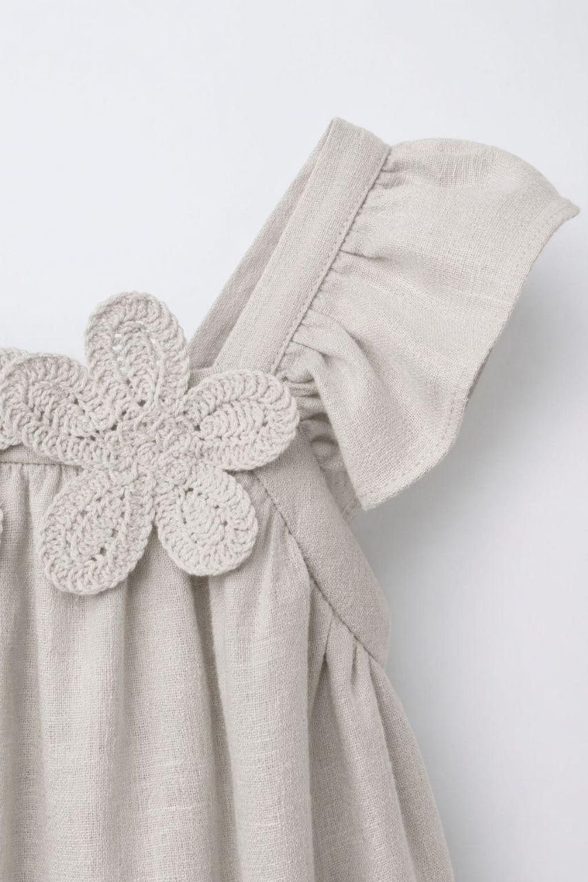 Girls Beige Linen Flower Dress | Size 2-8y