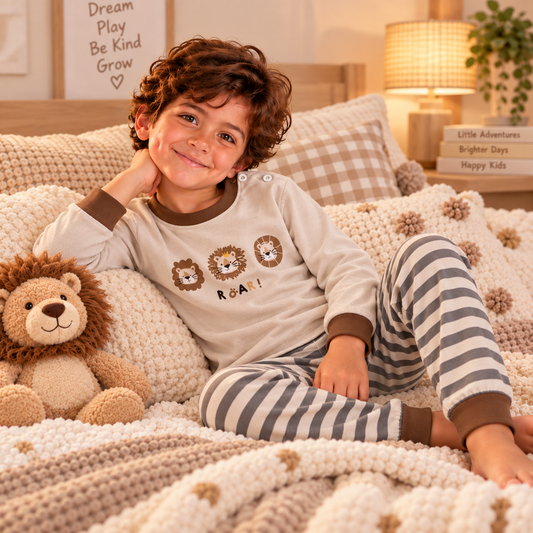 Boys’ 100% Cotton Lion Faces Pajama Set | 0–8Y