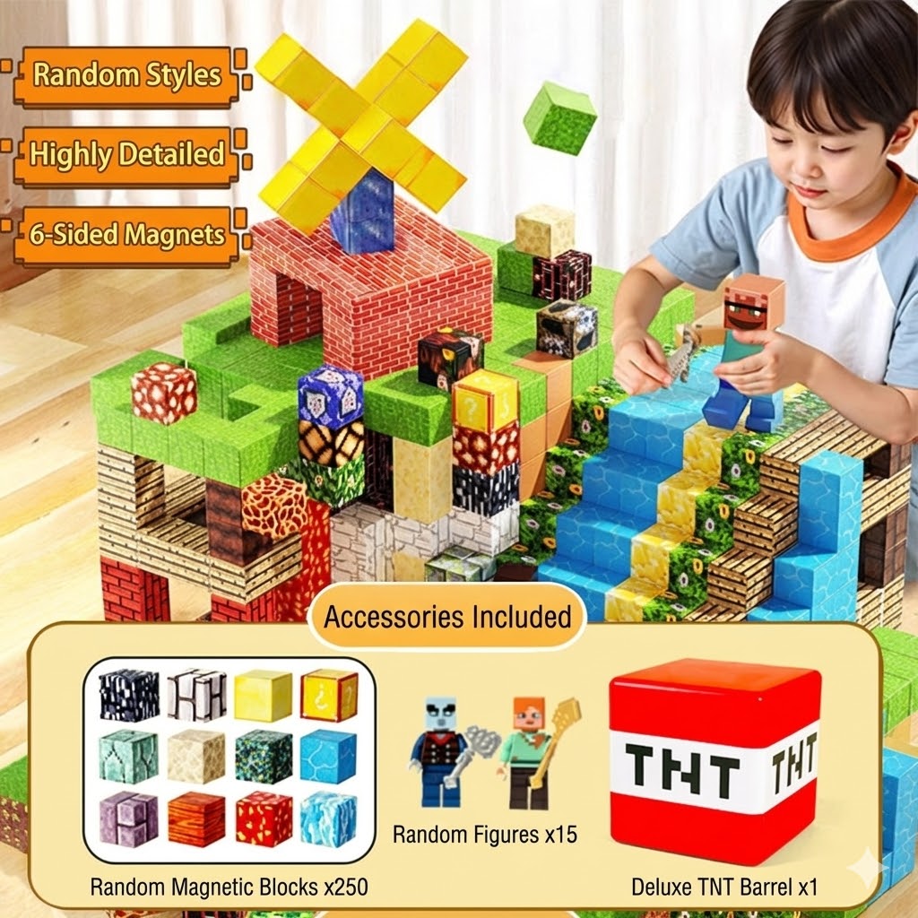 Magnetic Block Cubes Set - Creeper Or TNT Storage Box | 250 Pcs