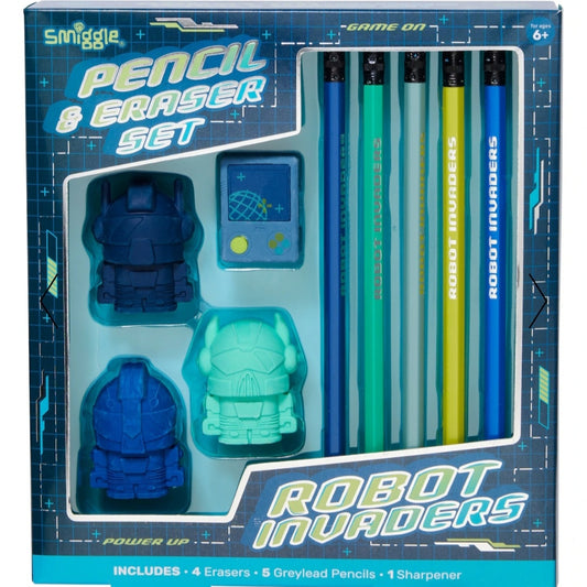 Smiggle Pencil & Eraser Set Robot Invaders