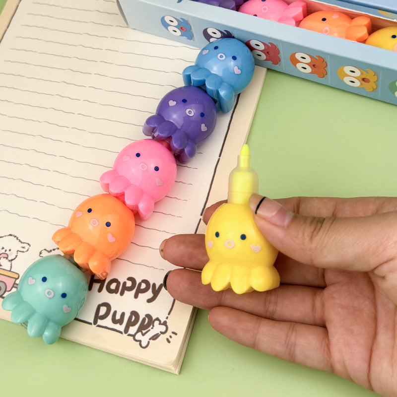 Highlighter Pens Set Of 6 Pcs Octopus Design