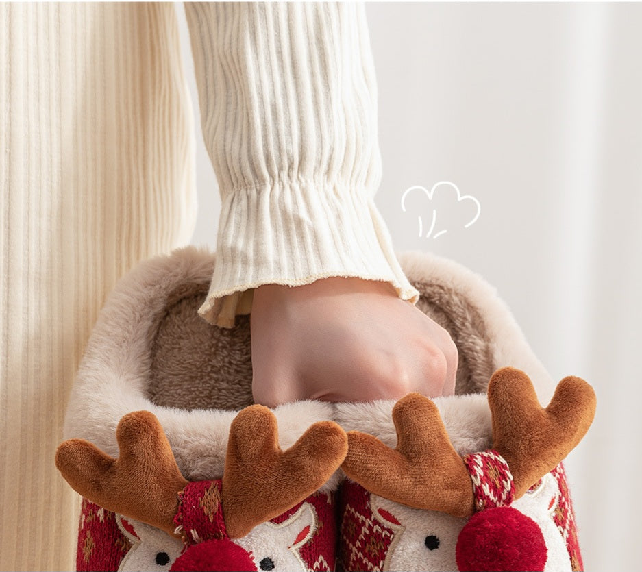 Christmas Reindeer Plush Slippers – Red & Green | 36–43