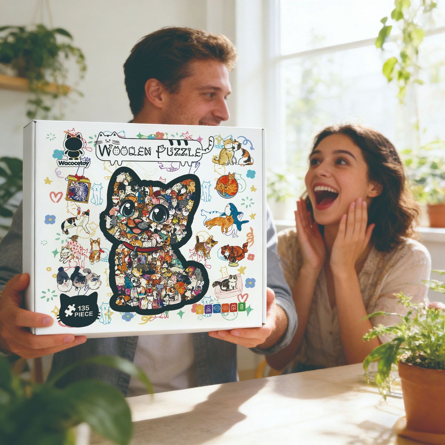 Funny Cat Wooden Puzzle – 135 Pieces | DIY Animal Jigsaw for Kids & Adults | 26002