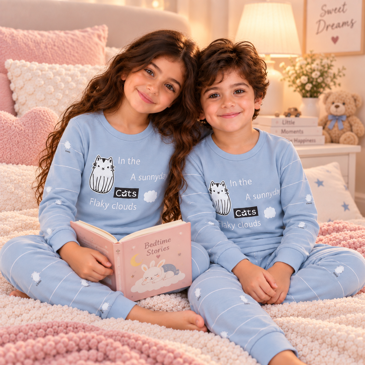 Kids’ 100% Cotton Grey Cat Pajama Set | 3–14Y