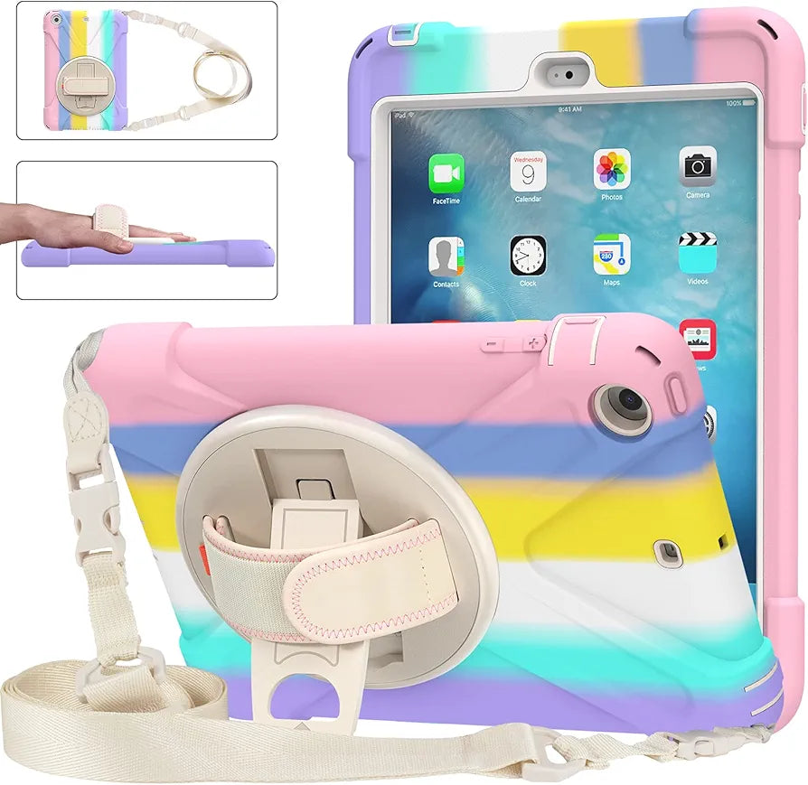 Rainbow Ipad Protective Case | Hand Strap& Shoulder Strap,with Kickstand | Samsung A11 8inch