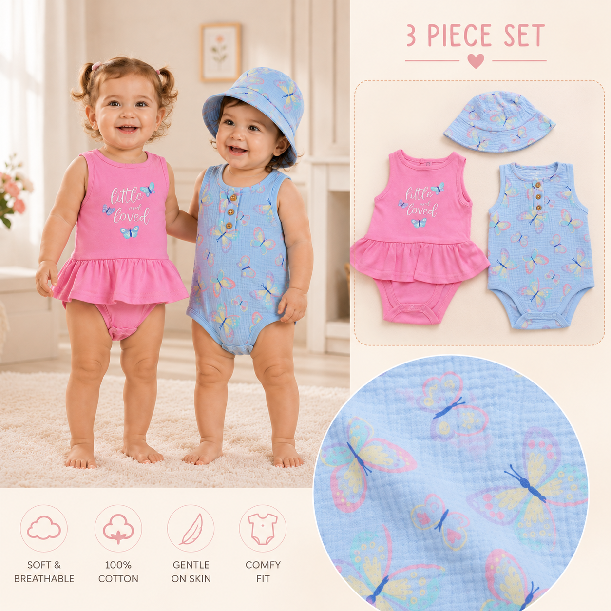 3 Pieces Baby Girls Butterfly Cotton Set | Size 3-24M