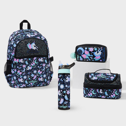 Smiggle Unicorn  Butterfly Design Set Of 3pcs Bottle Lunch Box Backpack 42cm