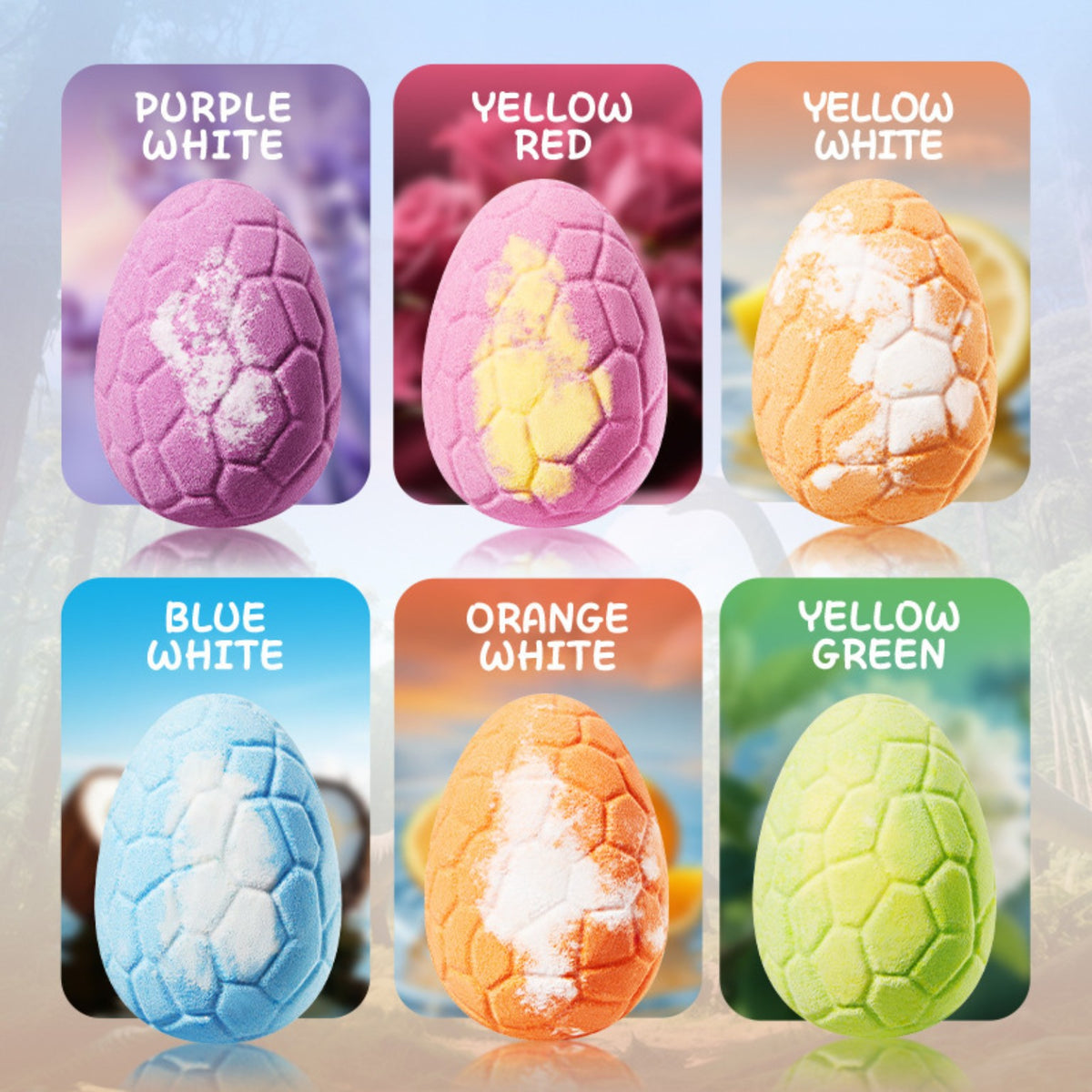 Six dinosaur egg bath bomb colors