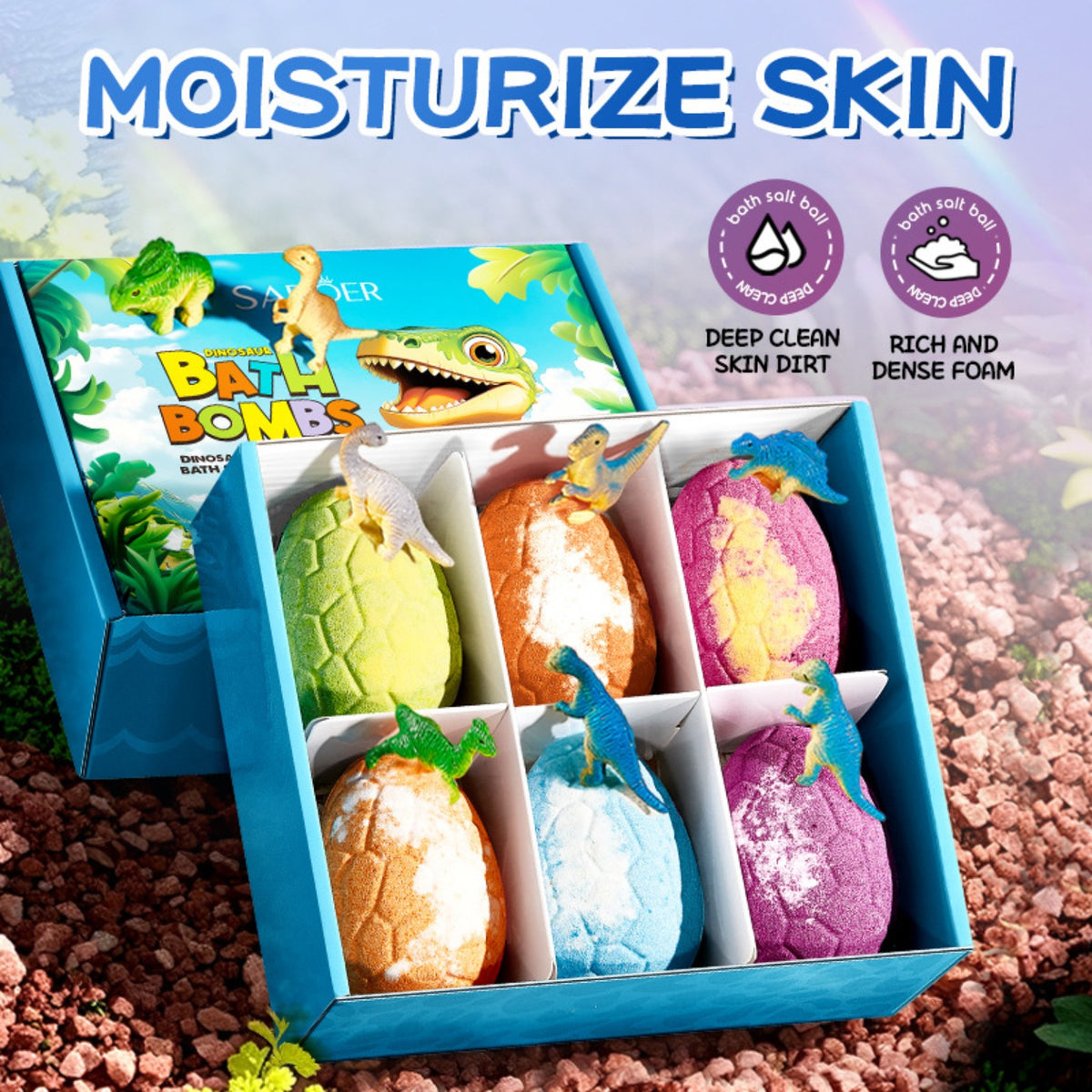 Six dinosaur egg bath bombs in open gift box, promotional image