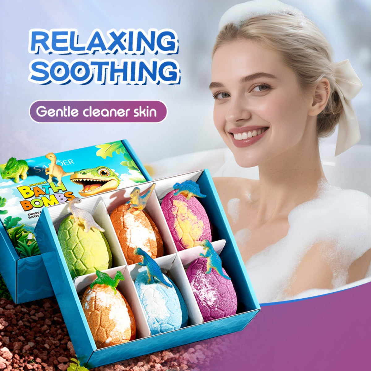Dinosaur bath bomb gift set spa-themed promotional photo