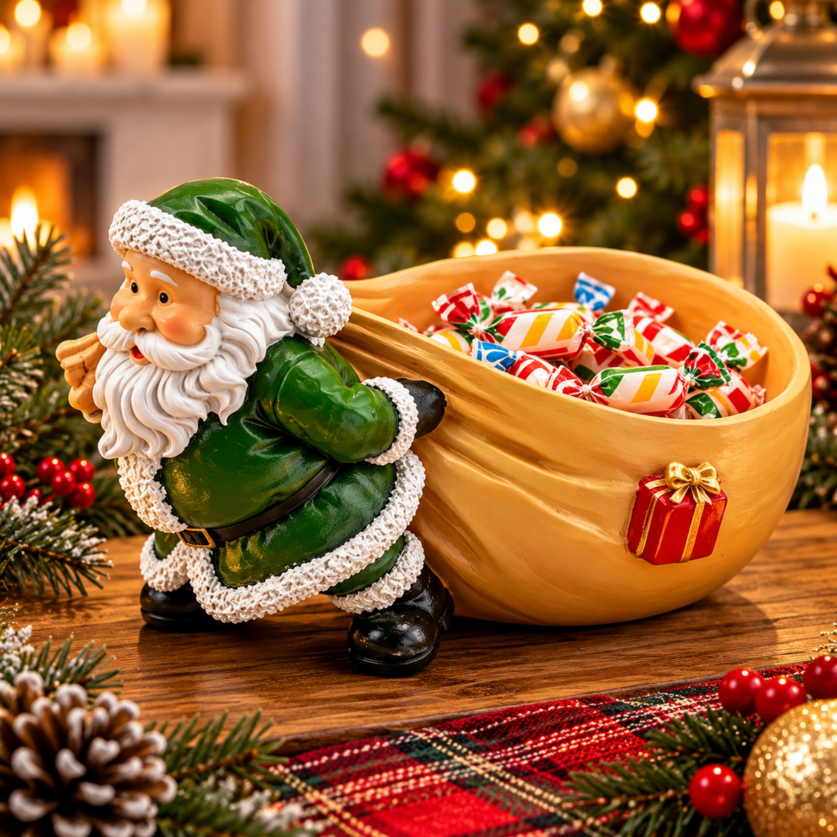 Green Santa Claus with beige candy bowl on Christmas tabletop
