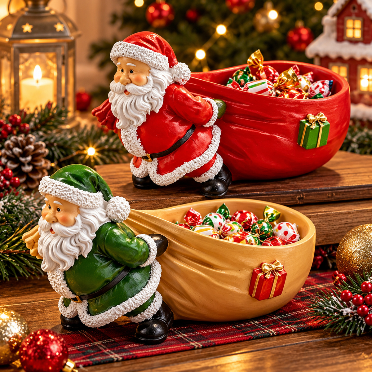 Christmas Santa candy bowls in two designs, red Santa with red bowl and green Santa with beige bowl