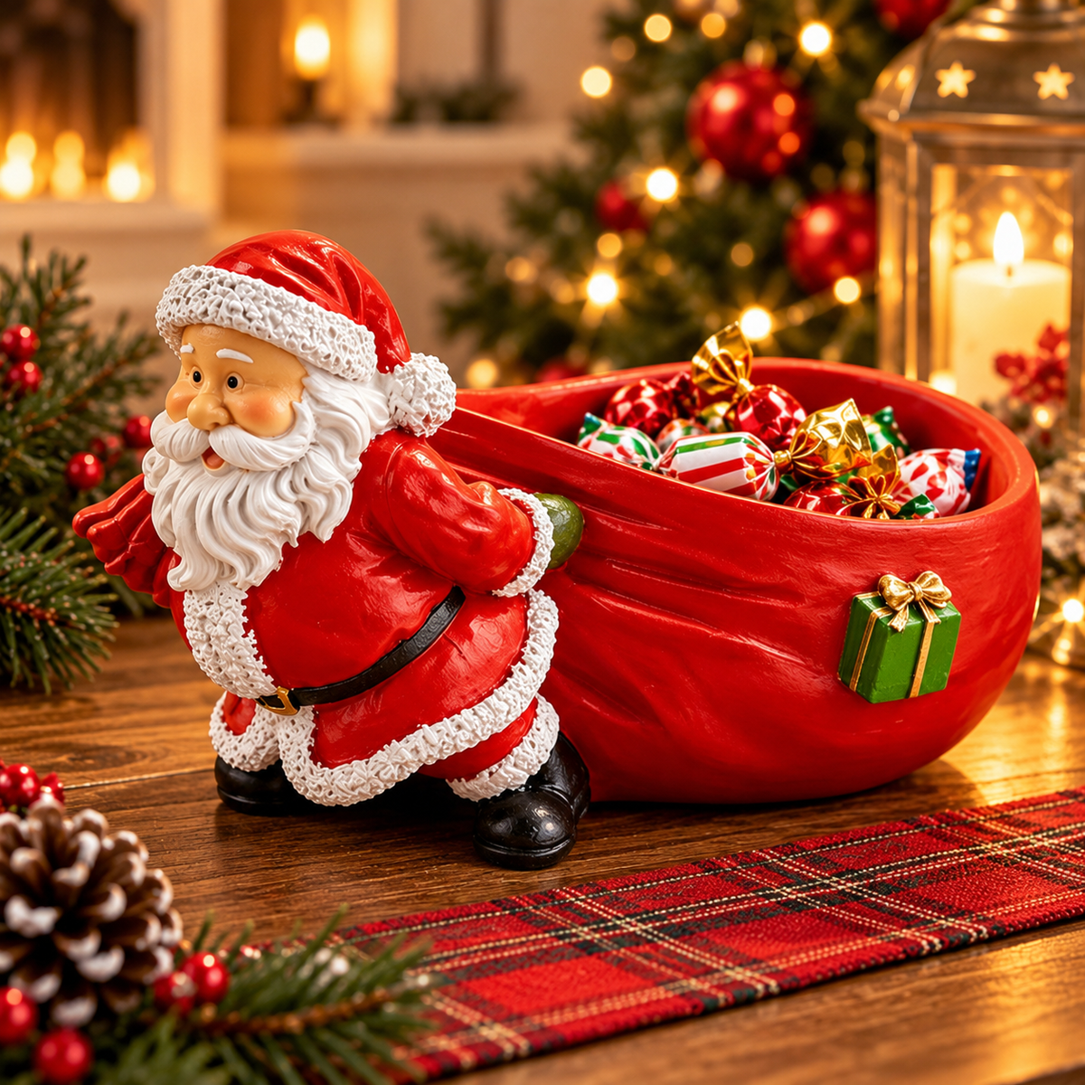 Red Santa Claus with red candy bowl on Christmas tabletop