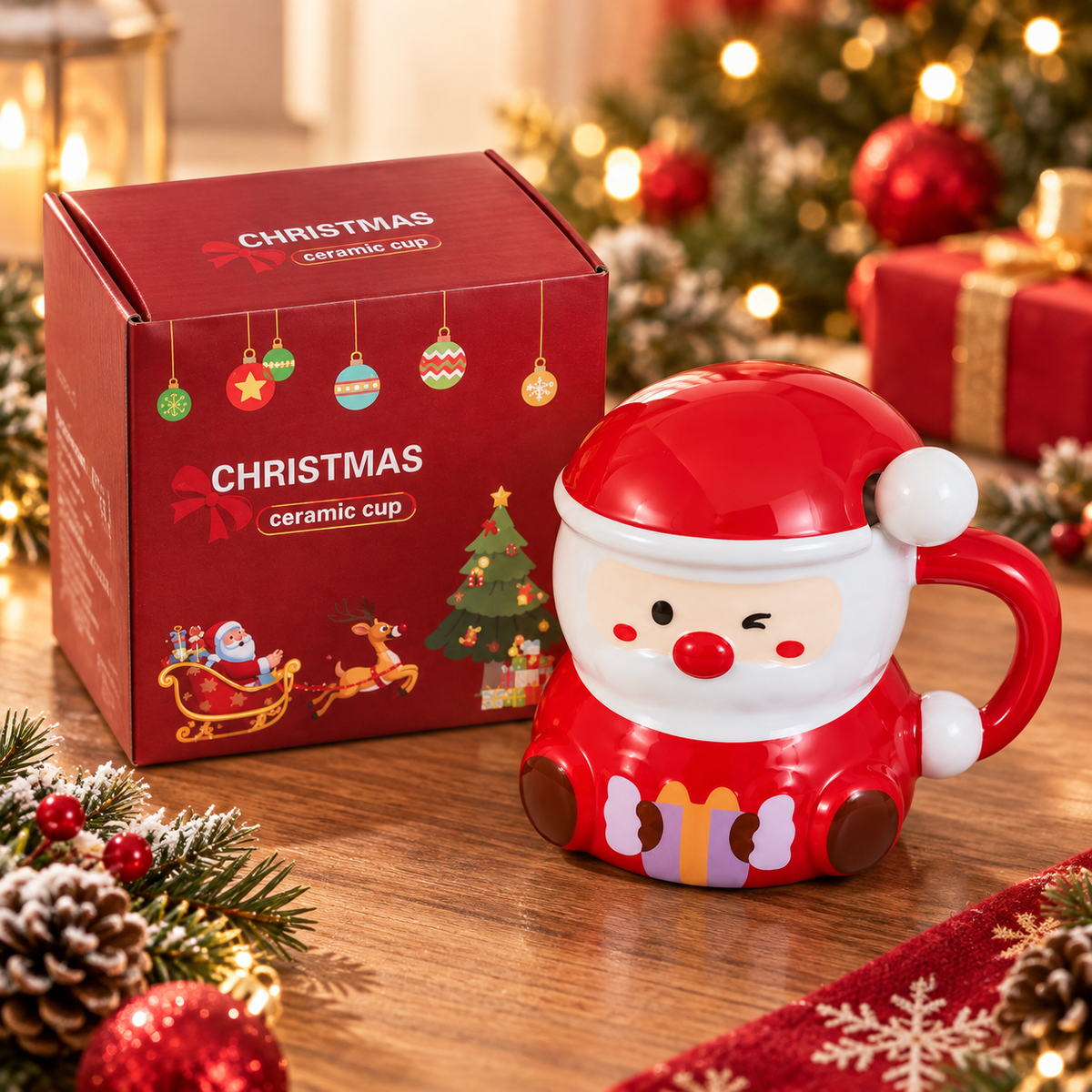 Santa Christmas ceramic mug and gift box display
