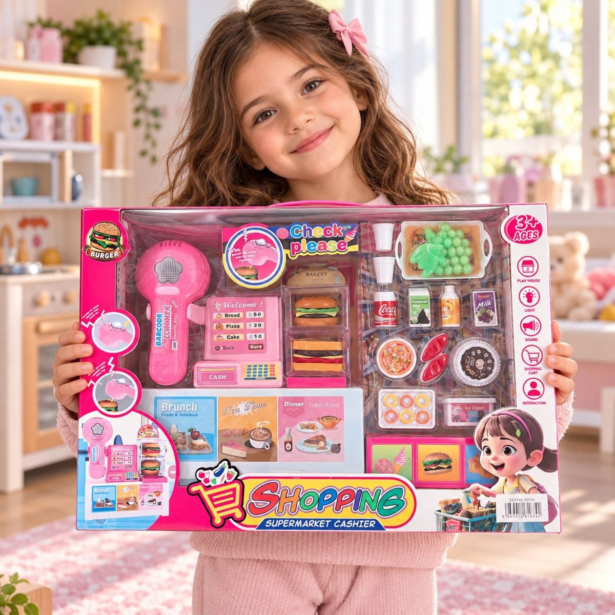 Pink supermarket cashier toy set with pretend scanner cash register and play food
