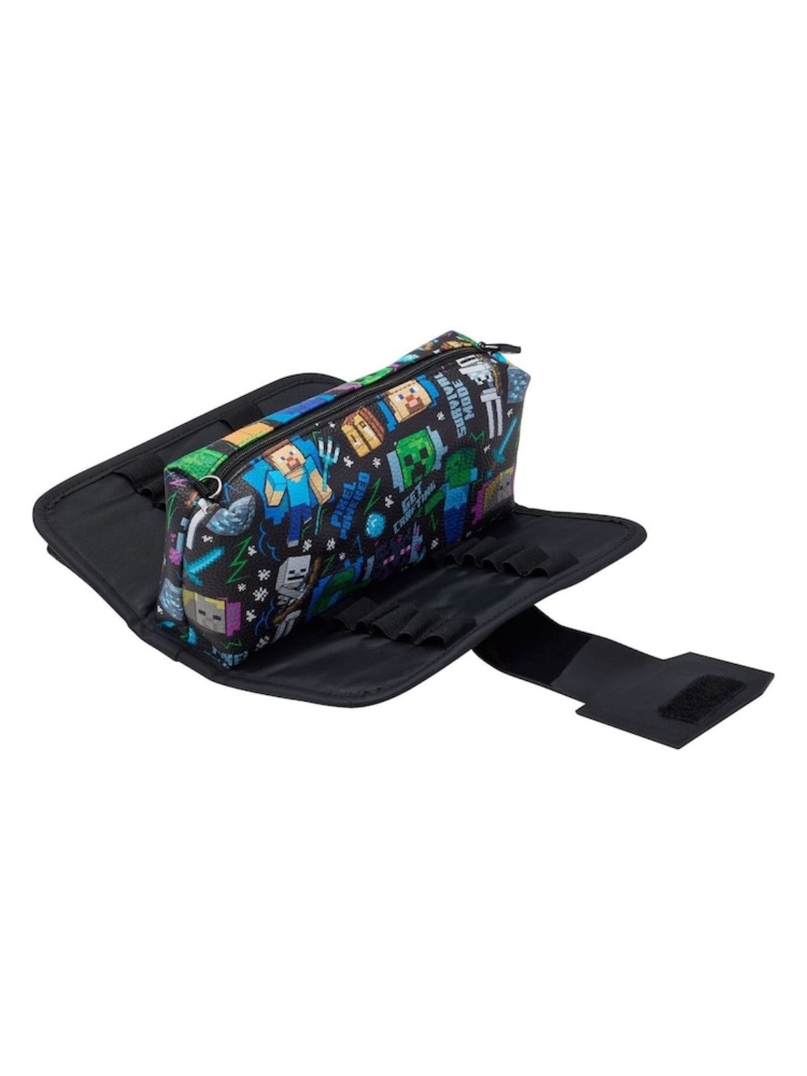 Smiggle Minecraft Utility Pencil Case open with inner pen holders