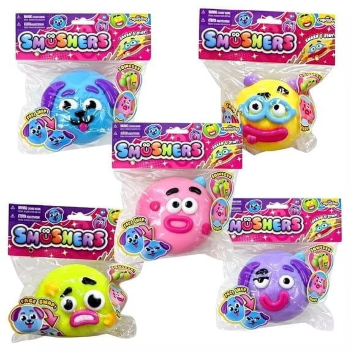 Smushers changeable face squishy toys in individual packaging