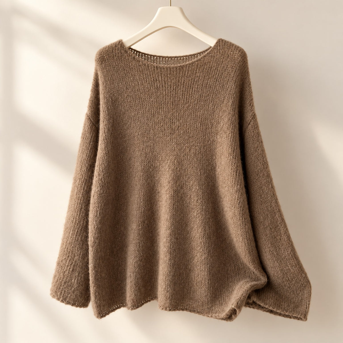 Soft taupe brown knitted women sweater with relaxed silhouette, main image square