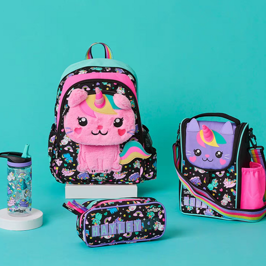 Smiggle Unicorn Cat Design. 4pcs Backpack 38cm Lunch Bag. Bottle Case