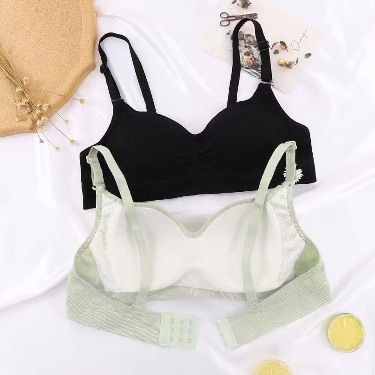 Teen bra top back closure and inner lining in black and green