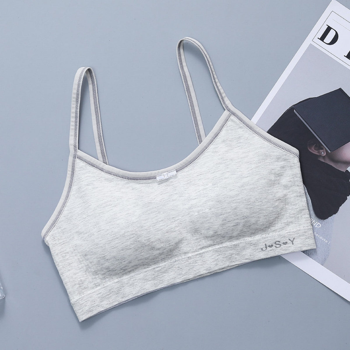 Light grey teen soft stretchy crop bralette with adjustable shoulder straps