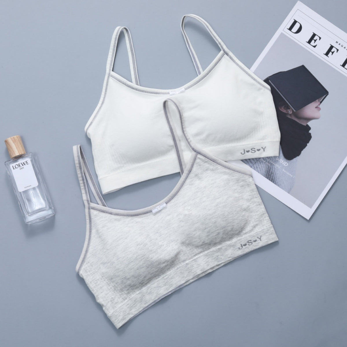 Back view of teen soft padded bra tops in white and light grey
