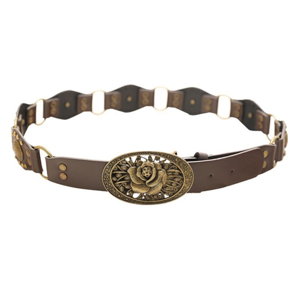 Vintage brown rose buckle waist belt on light background