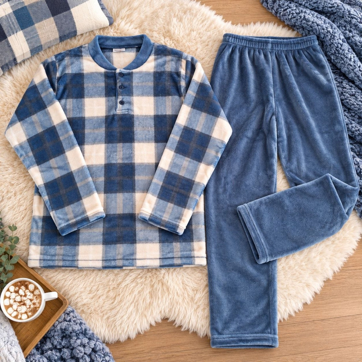 Blue and white plaid button-neck fleece top and solid blue fleece pants flat lay