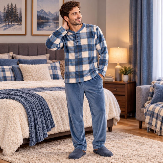 Warm blue plaid fleece winter pajamas modeled standing, full-length front view