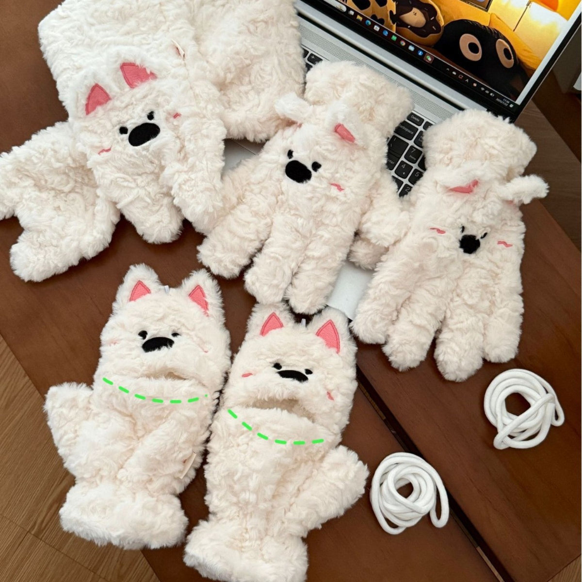 White fluffy kitten gloves with pink ears available as convertible flip-top or five-finger styles