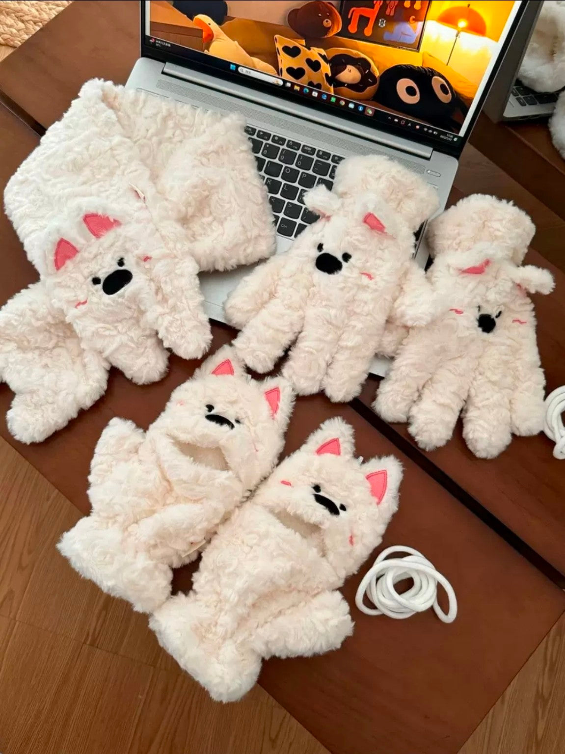 White cat plush winter gloves with convertible and full finger designs shown
