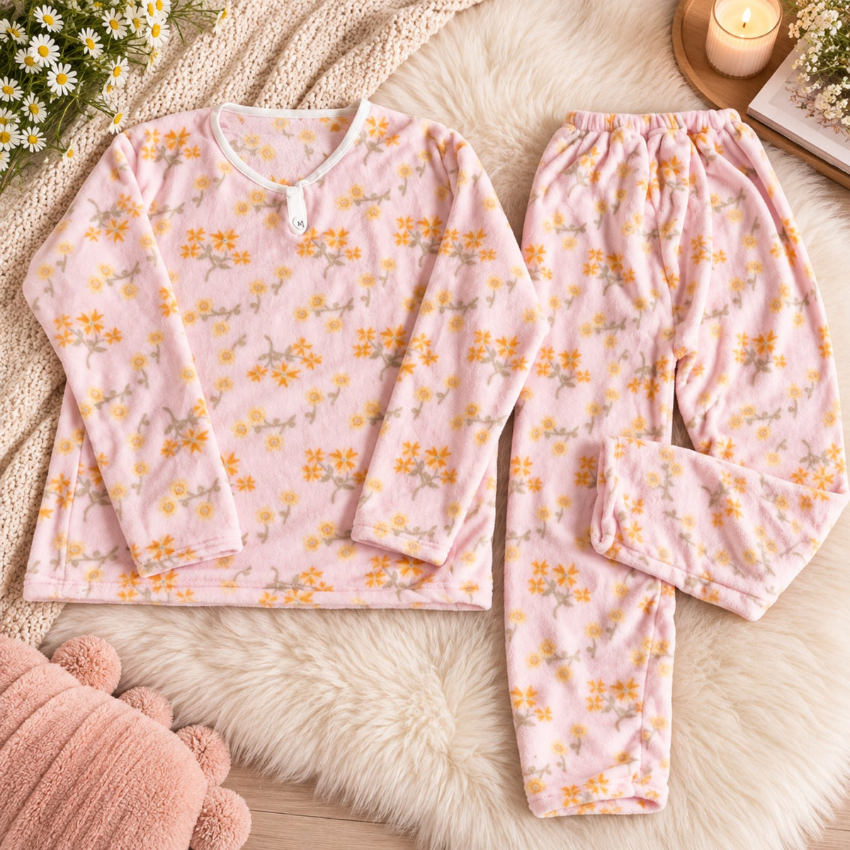 Women's light pink floral warm pajama set with yellow daisies, top and trousers flat lay
