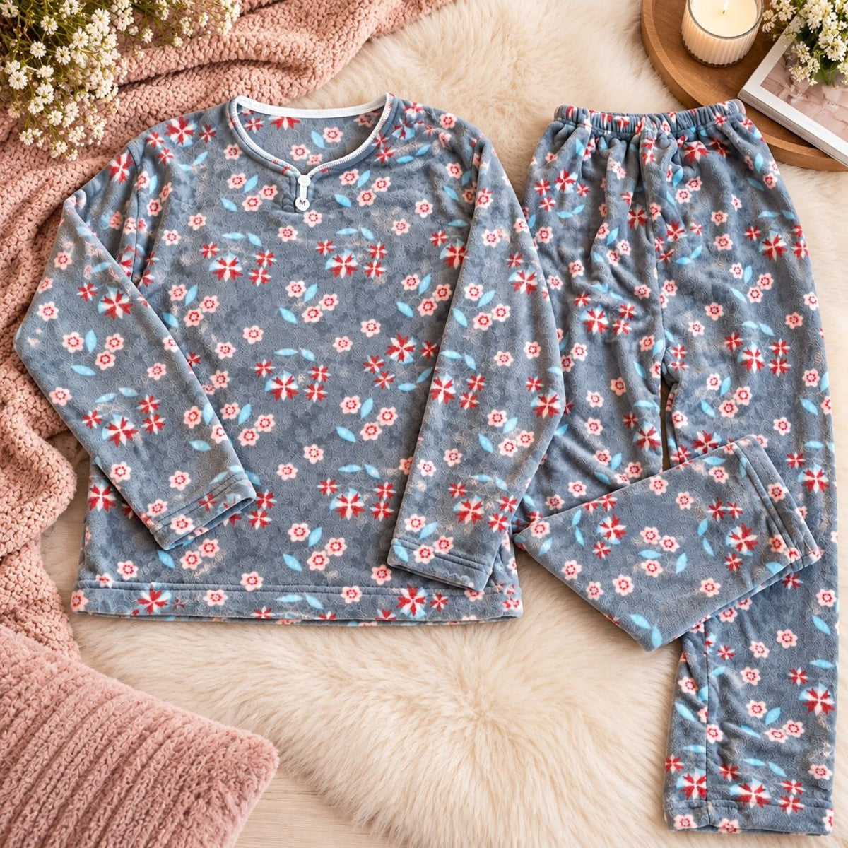 Women's two-piece grey floral winter pajama set with top and pants