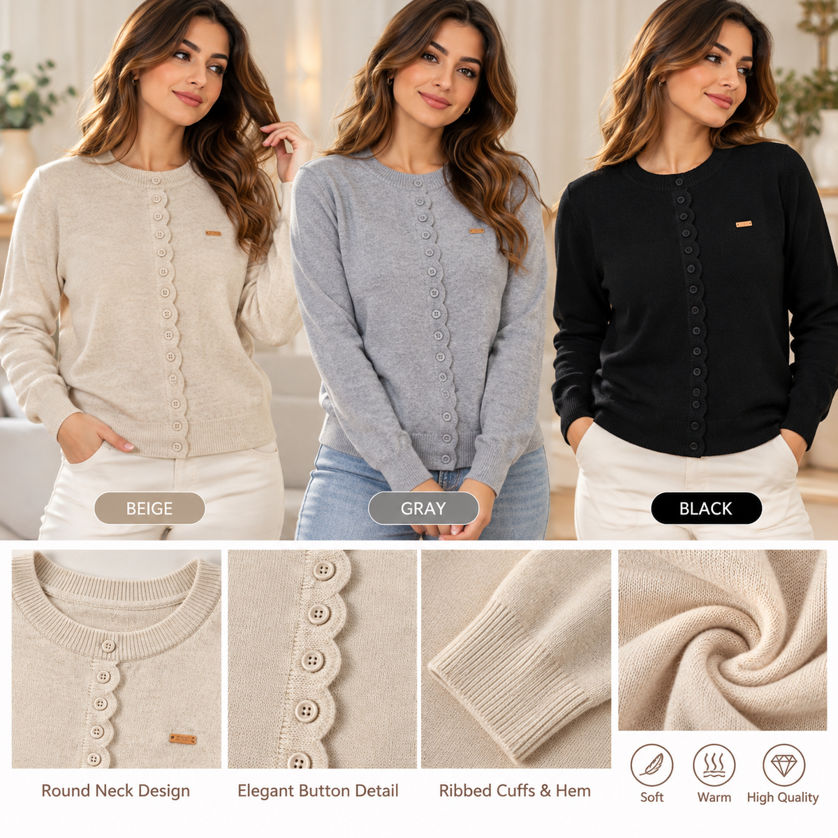 Women's three color button cardigan fit neckline cuffs and fabric details