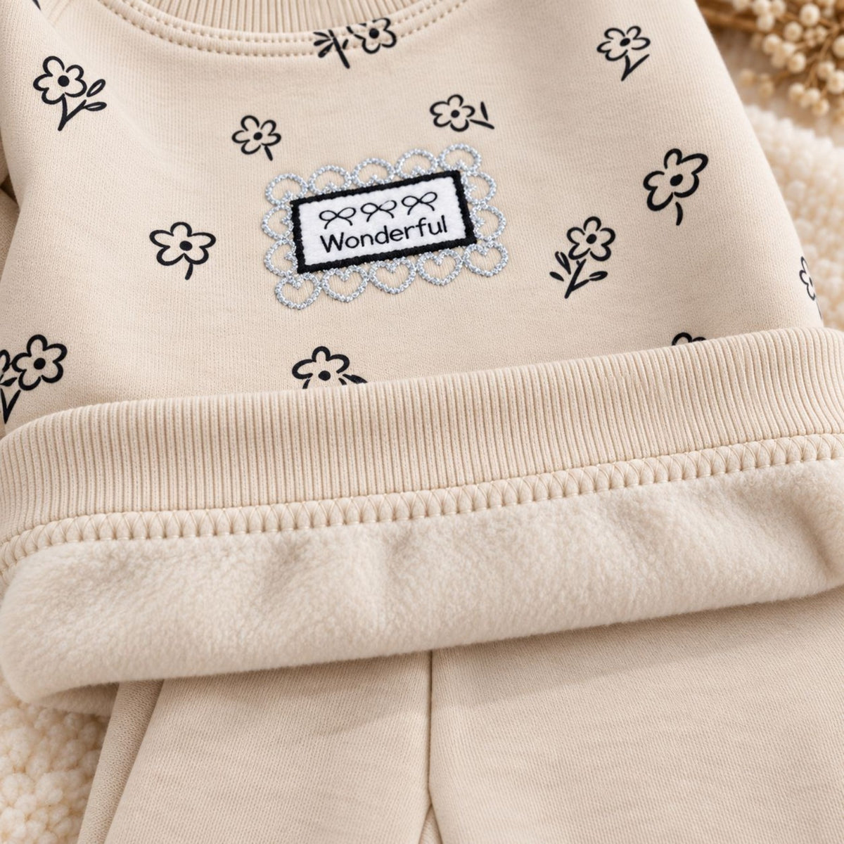 Detail of embroidered Wonderful patch and warm fleece interior