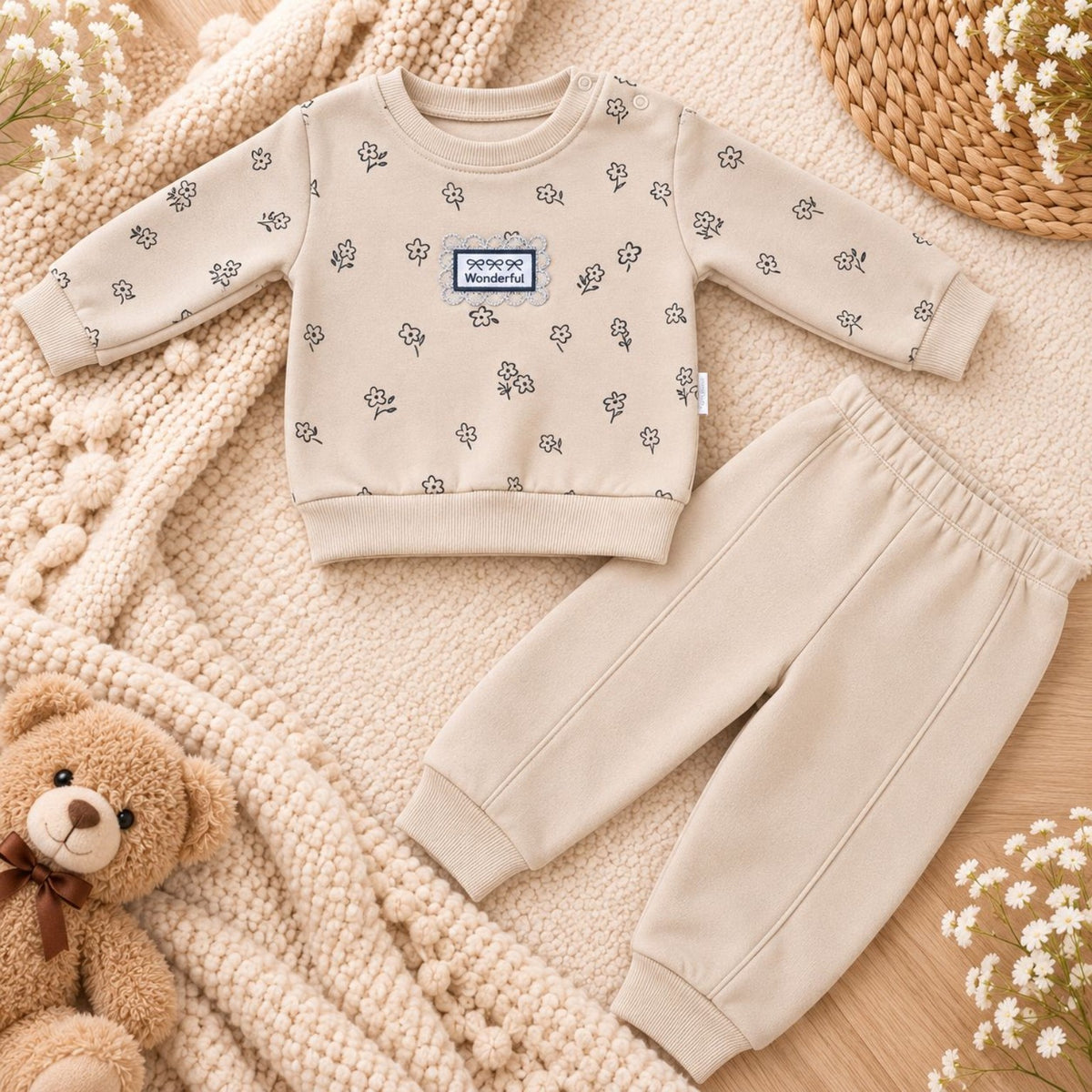 Beige Wonderful floral baby outfit 2-piece set laid flat