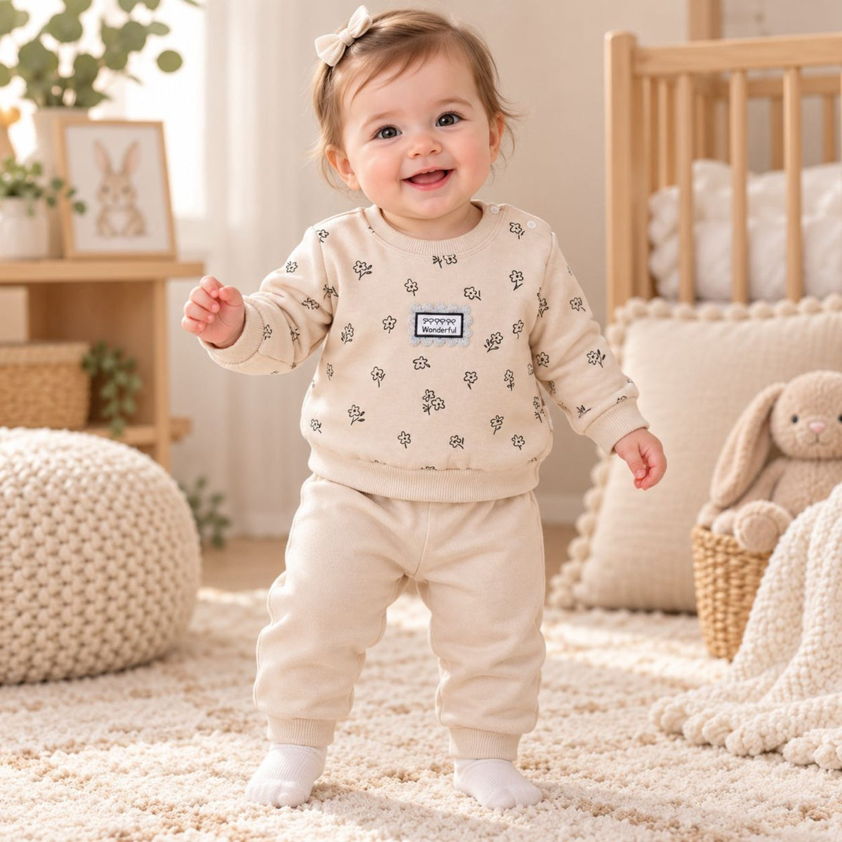 Baby girl wearing cream beige floral Wonderful fleece sweatshirt and pants