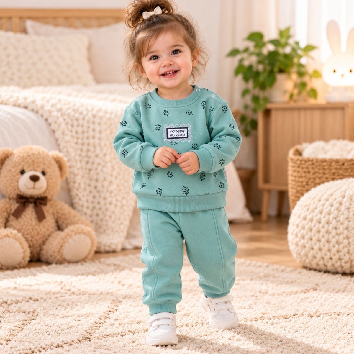 Girls’ Wonderful floral fleece outfit worn by a toddler
