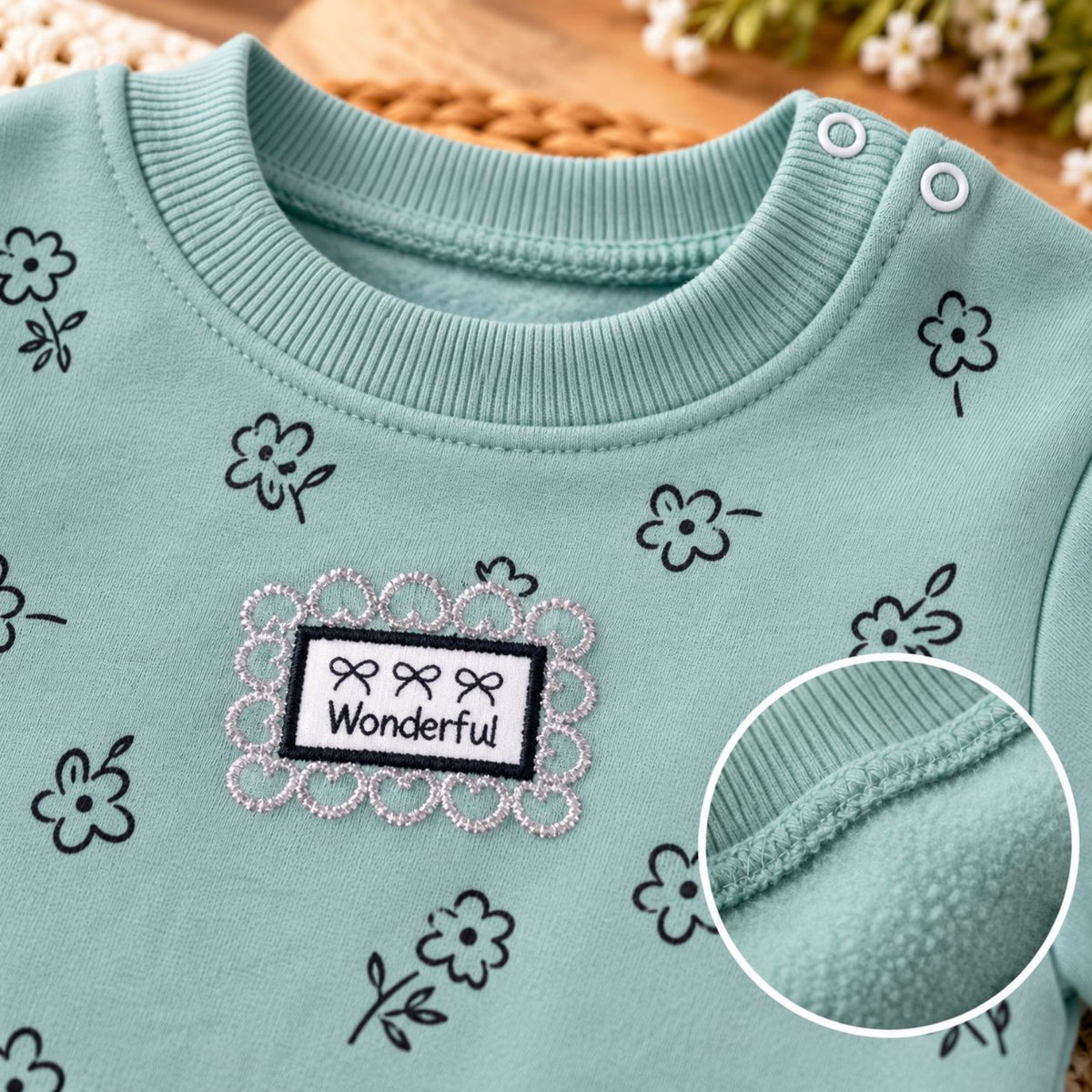 Wonderful floral outfit shoulder snap fasteners and ribbed neckline